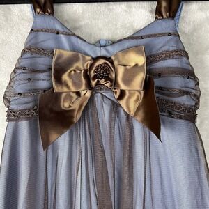 BONNIE JEAN Girl Dress Size 12 Blue Brown Satin Straps and hem Sheer Sequins Bow